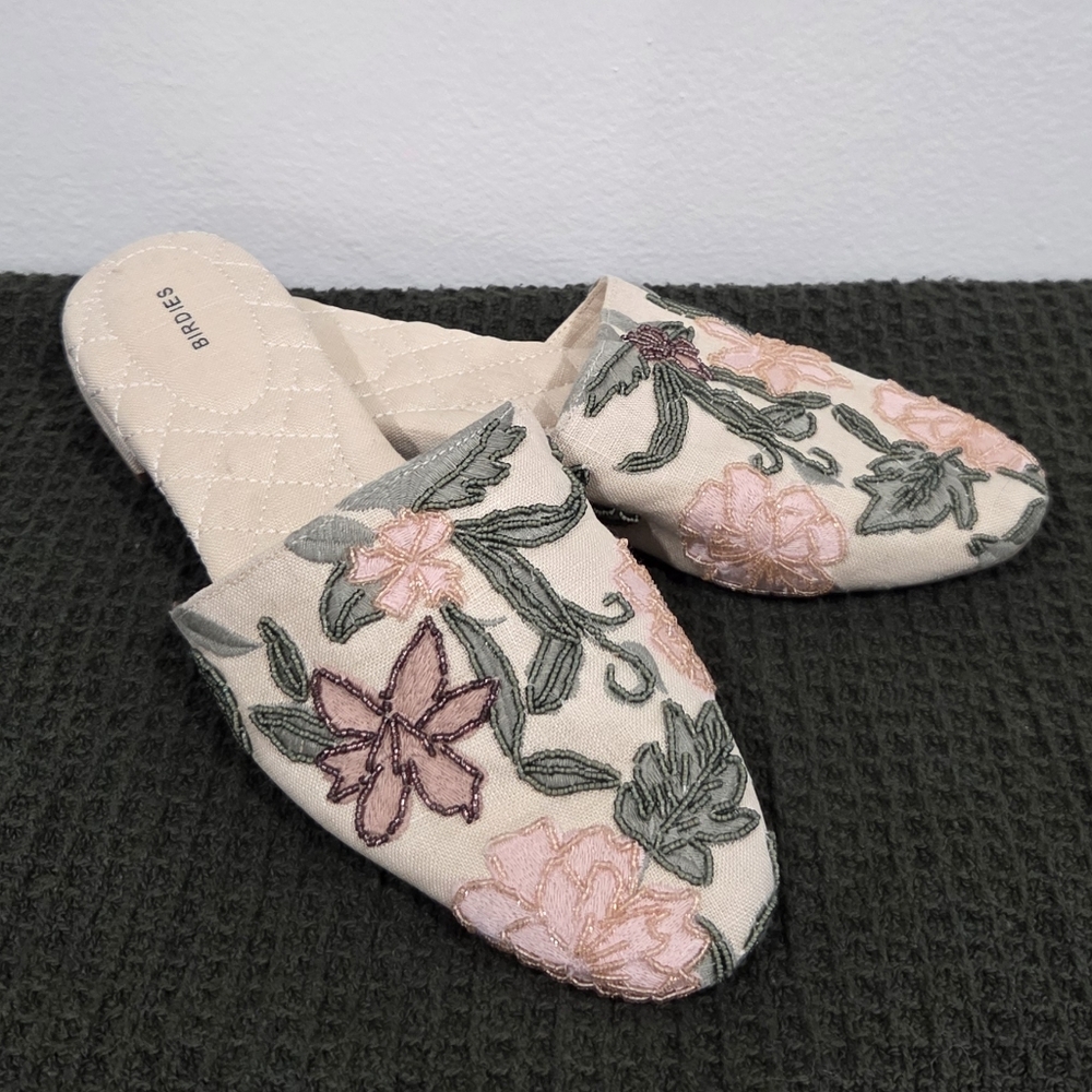 Birdies Songbird Linen Cream Embroidered And Beaded Floral Mules